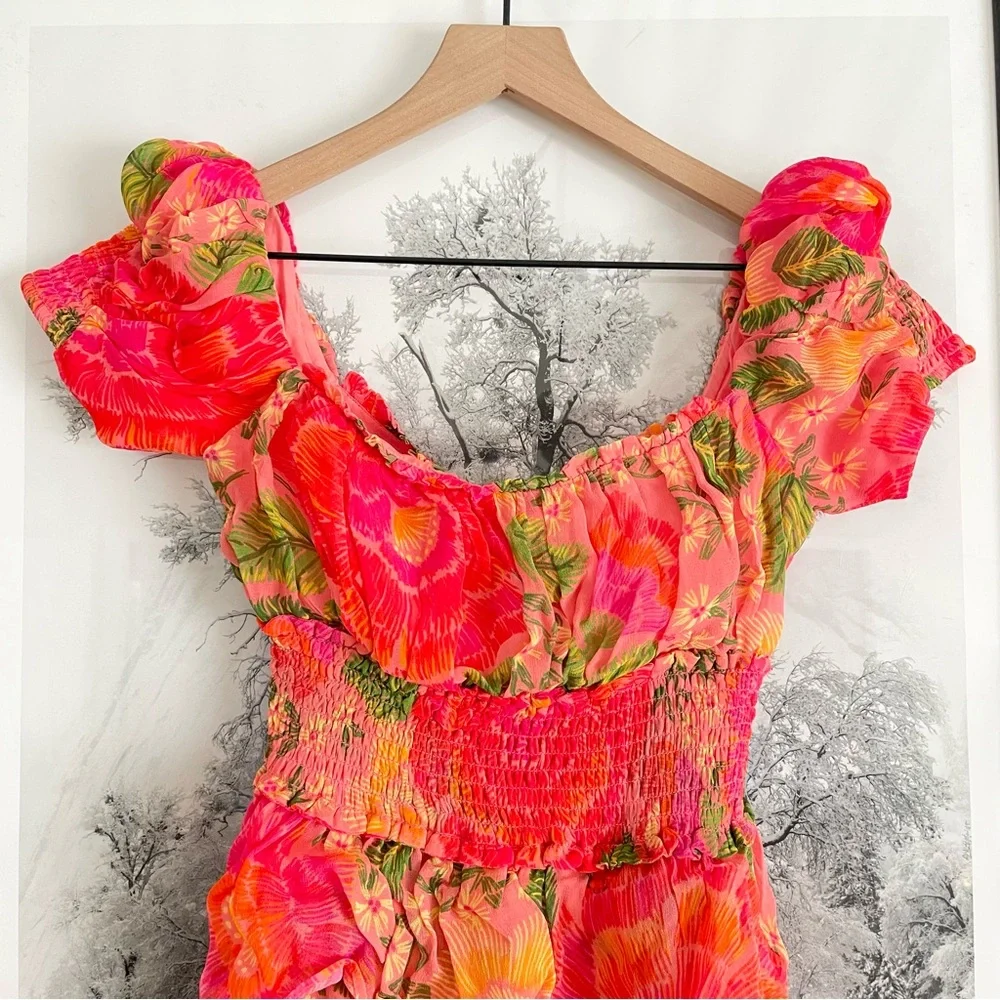 Farm Rio Blooming Floral Maxi Dress XS Smocked Puff Sleeve NWT - Picture 13 of 16